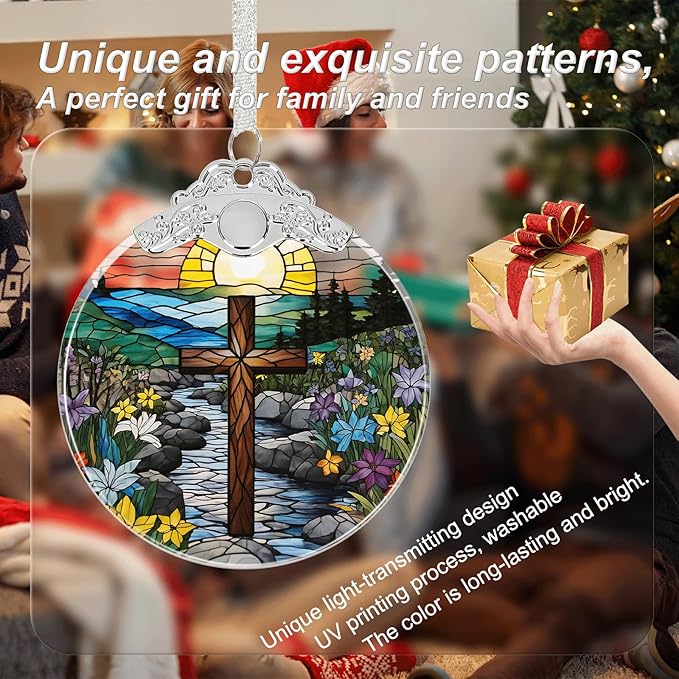 Cross Stained Glass Religious Christmas Ornament, Hanging Ornaments for Christmas Tree Decorations, Christian Gifts Holiday Keepsake Present Exchange Idea