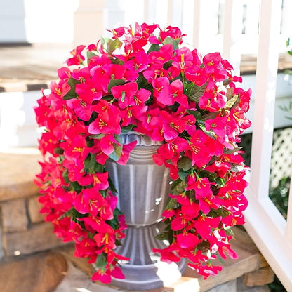 Artificial Faux Bougainvillea Flowers Plants for Outdoor Outside Summer Decoration, 2 PCS Fake Silk Long Trailing Vines UV Resistant Realistic for Front Door Porch Planter Urn Patio Balcony, Hotpink