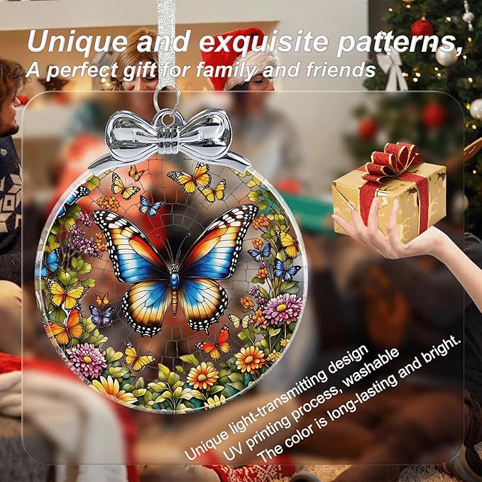 Butterfly Stained Glass Christmas Ornament - Hanging Ornaments for Christmas Tree Decorations -Holiday Keepsake Present Exchange Idea