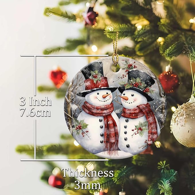 Snowman Couple Ornament Round Ceramic Ornaments Xmas Keepsake for Christmas Tree Winter Holiday Xmas Gift for Women Men Xmas Hanging Ornament 3"