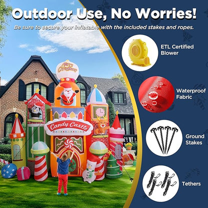 13.5 FT Tall Candy Castle Christmas Inflatables Outdoor Decorations, Blow Up Christmas Decorations with Built-in Rotating Light for Garden Lawn Xmas Decor