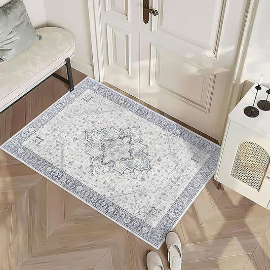 Boho Kitchen Rugs Washable - Non Slip Vintage Throw Area Rug 2x3 Thin Entryway Rugs Indoor,Front Door Mat Floor Doormat for Entry,Blue and Cream Beige