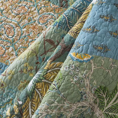 NEWLAKE Cotton Patchwork Bedspread, 3-Piece Bedding Quilt Set with Real Stitched Embroidery, Reversible Matelasse Bed Coverlet Set,Green Farmhouse Garden,Twin Size