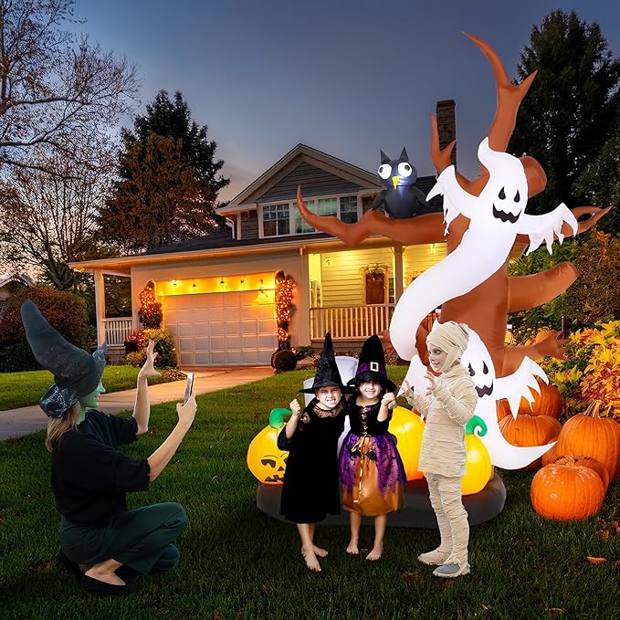 8 FT Halloween Inflatables Outdoor Decorations, Giant Blow Ups Flying Ghosts Pumpkin Tree with Build-in LED Lights, Funny Yard Garden Decoration for Halloween Party Indoor Outdoor