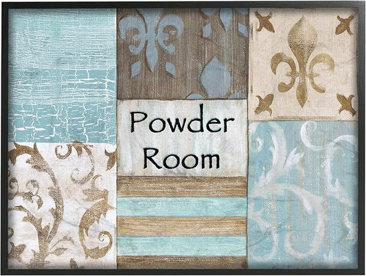 Stupell Industries Fleur de Lis Powder Room Blue, Brown and Beige Bathroom Black Framed Wall Art, 11x14, Multi-Color,wrp-930_fr_11x14