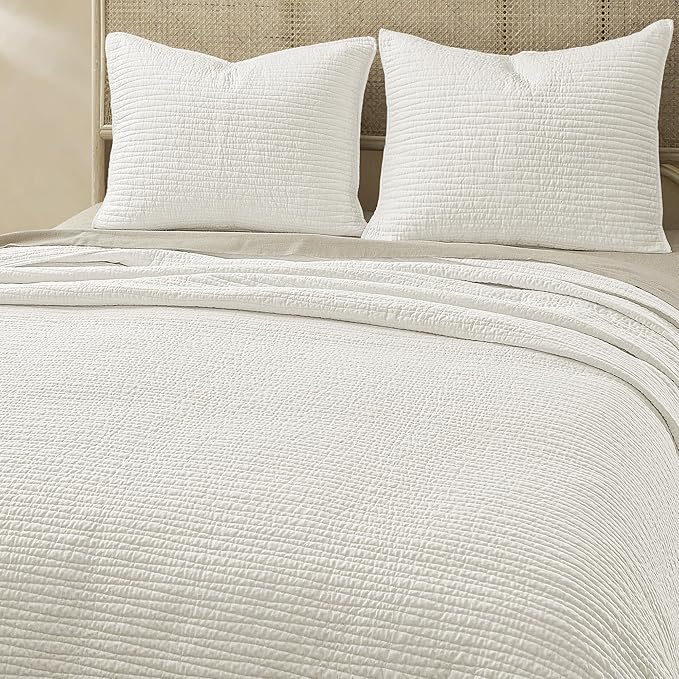 Wonderful Linen Cotton Quilt Set Queen Size, 100% Cotton Back and Filling, 3 Piece Pre-Washed White Bedding Cover, Wave Stitched Bedspread Coverlet Bedding Set 3-Piece for All Seasons, 94"x94"