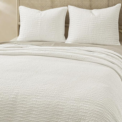 Wonderful Linen Cotton Quilt Set Queen Size, 100% Cotton Back and Filling, 3 Piece Pre-Washed White Bedding Cover, Wave Stitched Bedspread Coverlet Bedding Set 3-Piece for All Seasons, 94"x94"