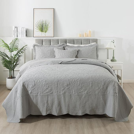 HoneiLife Oversized King Bedspreads - California King Quilt 128x120, 4-Piece Cal King Quilt Sets,Rustic Bedding Sets King Size,Extra Large Coverlets Lightweight Bed Cover for All Season Use-Grey