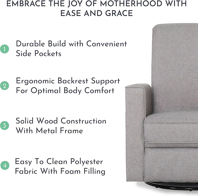 Evolur Raleigh Upholstered Plush Seating Glider Swivel, Rocker, Recliner, Glider for Nursery in Light Grey, Greenguard Gold Certified, Modern Nursery Recliner, Environmentally Conscious Glider