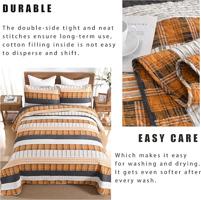 Homzard King Comforter，Cotton King Size Quilt，Caramel Orange Black Bedding Set，Plaid Striped Bedspread，Lightweight Reversible Bed Set 3 Pieces