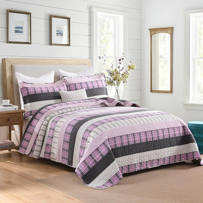 Homzard Queen Comforter Set，Cotton Quilts Queen Size，Pink Black Beige Bedding，Plaid Striped Bedspread，Lightweight Reversible Coverlet All Season 3 Pieces