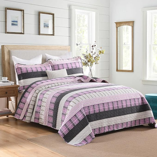 Homzard Queen Comforter Set，Cotton Quilts Queen Size，Pink Black Beige Bedding，Plaid Striped Bedspread，Lightweight Reversible Coverlet All Season 3 Pieces