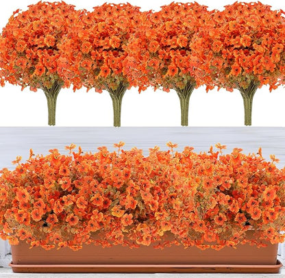 Fall Flowers Artificial for Decoration, Artificial Fall Mums Flowers for Outdoors, Fake Flowers Daisy Eucalyptus Realistic UV Resistant for Garden Patio Porch Home Decor (24, Orange-Green Leaves)