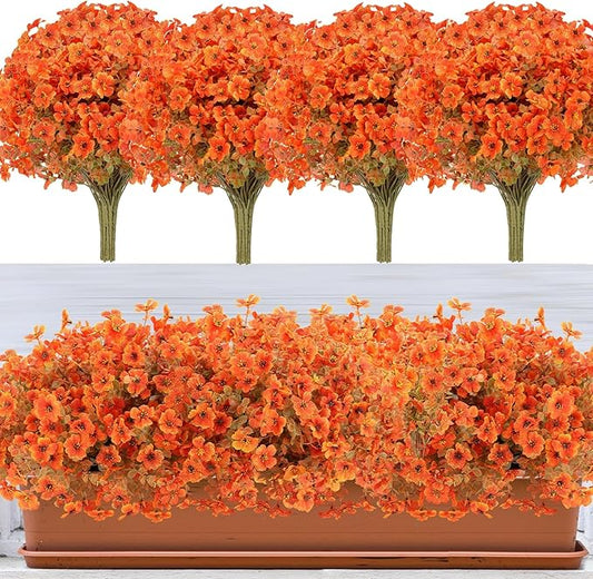 Fall Flowers Artificial for Decoration, Artificial Fall Mums Flowers for Outdoors, Fake Flowers Daisy Eucalyptus Realistic UV Resistant for Garden Patio Porch Home Decor (24, Orange-Green Leaves)