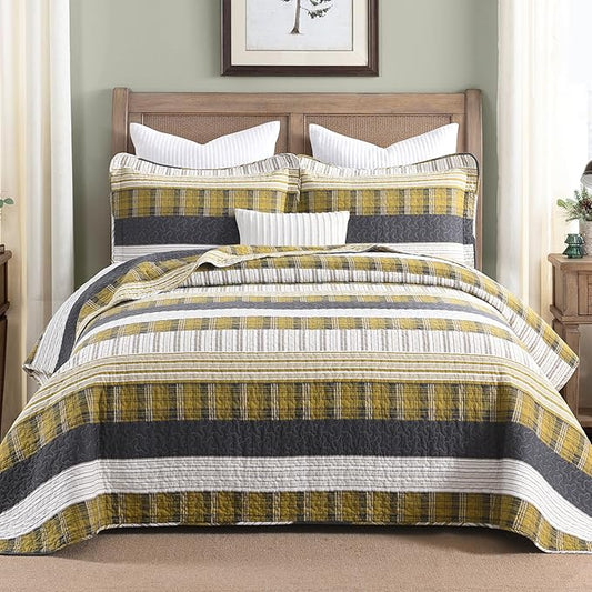 Homzard Queen Comforter Set，Cotton Quilts Queen Size，Amber Green Black Bedding，Plaid Striped Bedspread，Lightweight Reversible Coverlet 3 Pieces