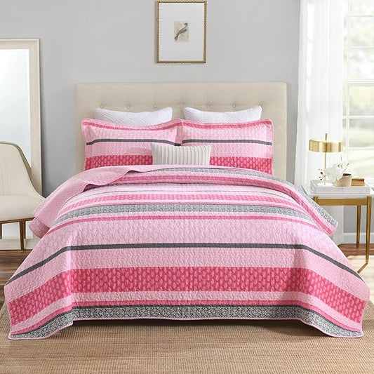 Homzard Quilts Queen Size, Cotton Comforter Set, Hot Pink Grey Queen Bed Set, Lightweight Striped Bedding, Farmhouse Bedspread All Season 3 Pieces