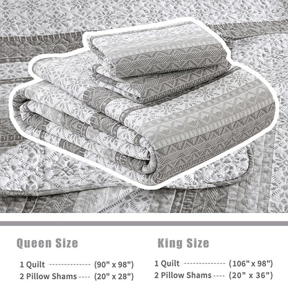 Homzard King Size Quilt Set, Grey White Snowflake Striped Comforter Set,Cotton Gray Bedspread King Size, Lightweight Comforter Fall Bedding 3 Piece All Season