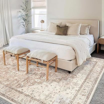Boho Farmhouse Bedroom Rug Washable Easy Clean Stain Resistant Vintage Country Rustic Neutral Persian Area Rug for Dining Room Under Table,Light Tan Brown Beig with Terracotta Pattern,5x8