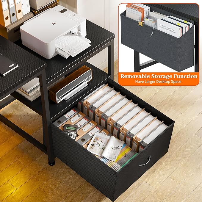 EnHomee 57" Computer Desk with Drawers and Printer Space,Office Desk with Power Outlets,Home Office Desks with File Drawers Cabinet,Study Writing and Gaming Desk with Shelves Monitor Stand,Black