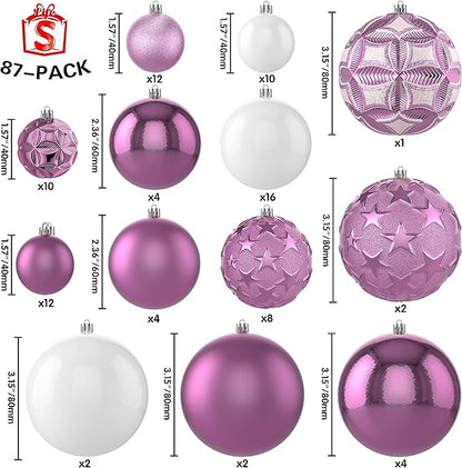 87ct Christmas Ball Ornaments Set Shatterproof Seasonal Hanging Decorations with Reusable Hand-held Gift Package for Xmas Tree Holiday Party and Home Decor, Lilac