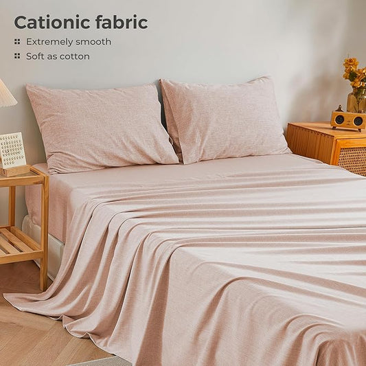 King Sheets Light Pink, Ultral Soft Cationic Linen Look Sheets, Luxury Cooling Cozy Bed Sheet Set with Non-Slip Fitted Sheet