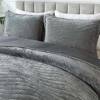 HoneiLife Velvet Quilt Sets King - Lightweight Bedspreads 3-Pieces, Stripe Coverlets Rustic Bed Cover King Quilt Bedding Sets for All Season Use, Grey