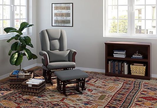 Storkcraft Tuscany Custom Glider and Ottoman with Free Lumbar Pillow (Espresso/Grey) - Cleanable Upholstered Comfort Rocking Nursery Chair with Ottoman