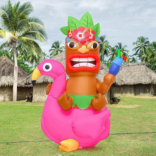 Shappy 5 ft Inflatable Tiki Flamingo Surfboard Luau Hawaiian Party Decorations Summer Inflatables Outdoor LED Lighted Tiki Blow up Beach Tropical Pool Surfing Yard Party Supplies Favors(Delicate)
