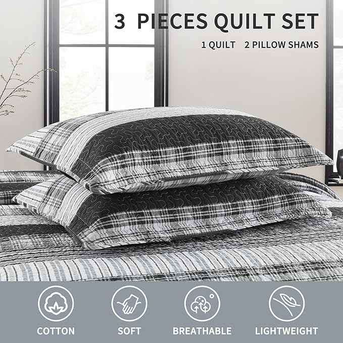 Homzard Quilts Queen Size - Black and White Queen Quilt Bedding Set, Farmhouse Grey Striped Quilt, Lightweight Reversible Comforter Bedspread Set, 3 Piece All Season 100% Cotton