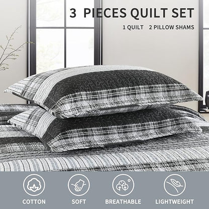 Homzard Quilts Queen Size - Black and White Queen Quilt Bedding Set, Farmhouse Grey Striped Quilt, Lightweight Reversible Comforter Bedspread Set, 3 Piece All Season 100% Cotton