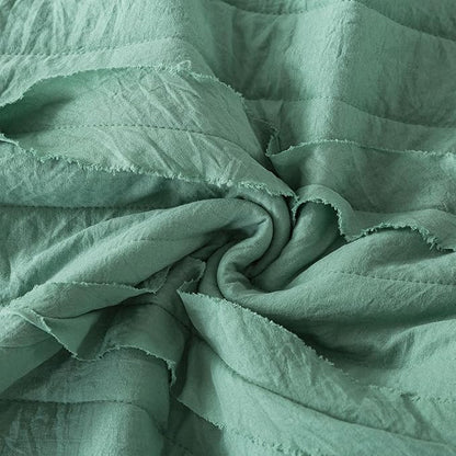 HoneiLife Queen Quilt Bedding Set - Lightweight Bedspreads 3-Piece Washed Microfiber Quilt Sets Ultra Soft Coverlets Shabby Chic Bed Cover Ruffled Bedding Set All Season Quilts-Green