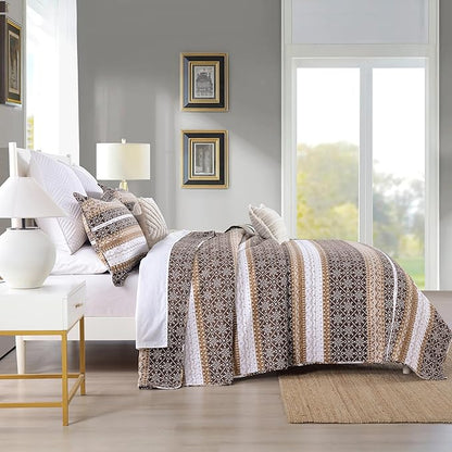 Homzard Brown Quilts Queen Size,Boho Cotton Comforter Set Queen Size,Brown White Snowflake Striped Quilted Bedspread Set,Bohemian Lightweight Comforter Bedding with 2 Pillow Shams