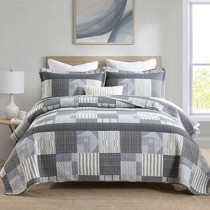 Homzard Quilt King Size - Grey Cotton Quilt Bedding Set,Gray White Plaid Comforter Set, Farmhouse Bedspread for King Size Bedding (106 * 98 Inches),3 Piece