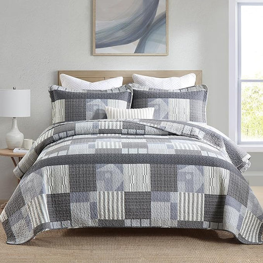 Homzard Grey Comforter Set,Cotton Plaid Striped Quilts Queen Size for The Bed,Reversible Geometric Queen Size Bedspread with 2 Pillow Shams,Lightweight 3 Piece Bedding All Season