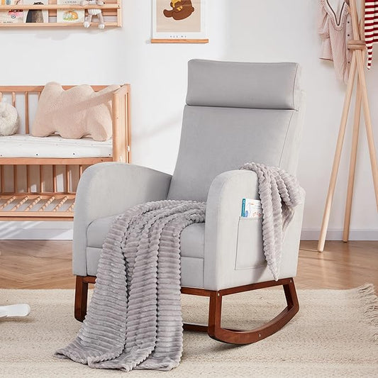Rocking Chair Nursery Chair with Foot Rest, Nursery Rocking Chairs with High Back, Glider Rocking Chair, Baby Nursery Glider Rocker, Nursing Chair Accent Living Room Grey with Blanket