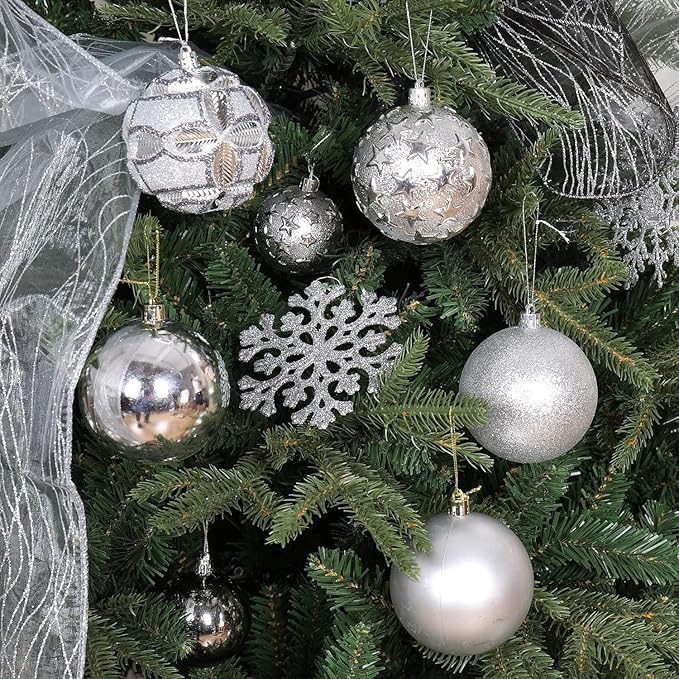 87ct Christmas Ball Ornaments Set Shatterproof Seasonal Hanging Decorations with Reusable Hand-held Gift Package for Xmas Tree Holiday Party and Home Decor, Silver