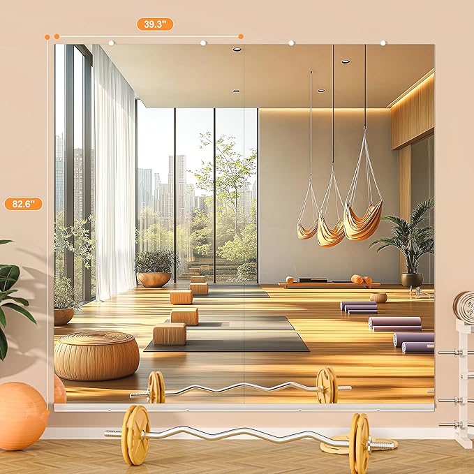 Hasipu Home Gym Mirror, 83"x40" Each, 1-Pack Frameless Wall Mounted Mirrors with Glass Clamps & Aluminum Rail, Large Body Mirror for Home Gym, Yoga Studio, Bedroom, Silver Tempered Glass