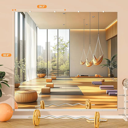 Hasipu Home Gym Mirror, 83"x40" Each, 1-Pack Frameless Wall Mounted Mirrors with Glass Clamps & Aluminum Rail, Large Body Mirror for Home Gym, Yoga Studio, Bedroom, Silver Tempered Glass