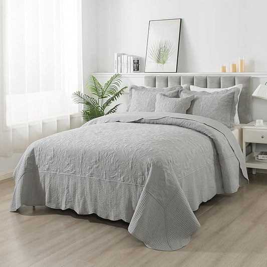 HoneiLife Oversized King Bedspreads - California King Quilt 128x120, 4-Piece Cal King Quilt Sets,Rustic Bedding Sets King Size,Extra Large Coverlets Lightweight Bed Cover for All Season Use-Grey