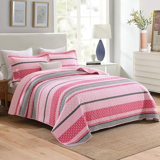 Homzard King Size Comforter Set, Cotton Quilt, Hot Pink Grey Bedding Set,Lightweight Striped Bedspread, Reversible Coverlet King Size (106"X98") with 2 Pillow Shams All Season