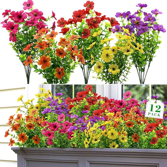 12 Bundles Artificial Fake Flowers for Outdoor Spring Summer Decoration, Faux Plants Flowers Silk Colorful Mix Daisy Realistic UV Resistant for Porch Patio Home Planter Balcony Yard Decor