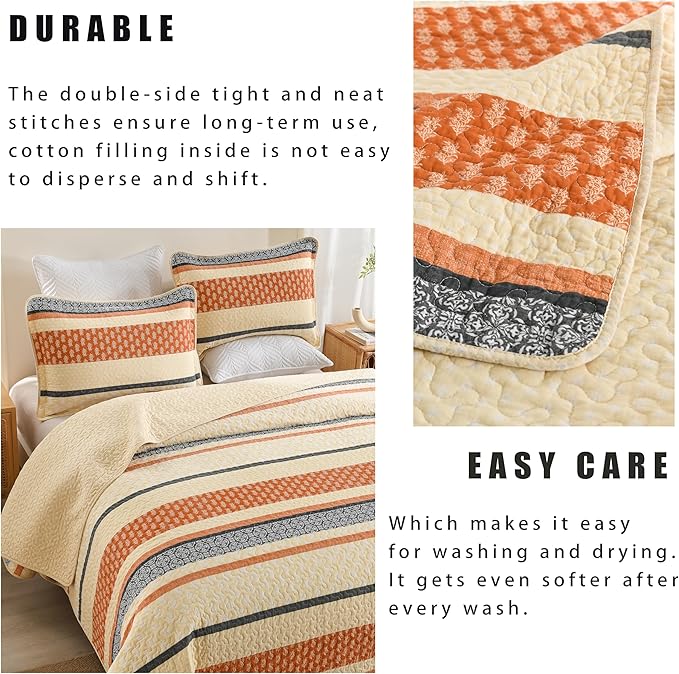 Homzard Quilt Bedding Set - Cotton Quilt Sets Queen Szie,Orange Grey Black Queen Size Bed, Farmhouse Lightweight Bedspread Set, 3 Piece All Season