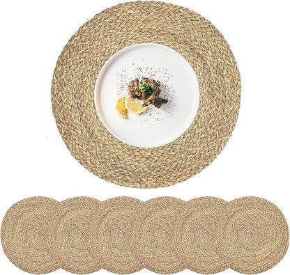 Woven Placemats for Dining Table Set of 6, 100% Natural Straw, Rustic Round Placemats Farmhouse Table Mats Rattan Wicker Placemats Hand Braided Place Mats for Indoor Outdoor, 14.17“