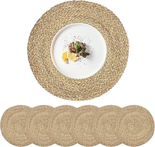 Woven Placemats for Dining Table Set of 6, 100% Natural Straw, Rustic Round Placemats Farmhouse Table Mats Rattan Wicker Placemats Hand Braided Place Mats for Indoor Outdoor, 14.17“