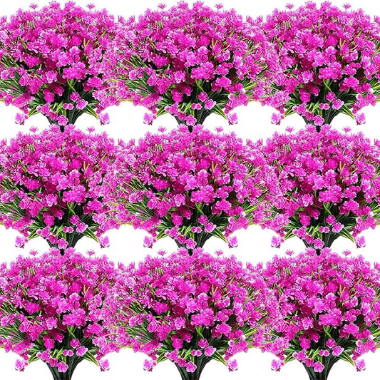 Hoteam 40 Bundles Outdoor Artificial Flowers Plants UV Resistant Outside Faux Flowers Plastic Fake Plants Outdoor Summer Fall Four Seasons Decoration Shrubs Garden Porch, Purple Red