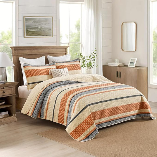 Homzard Quilt Bedding Set - Cotton Quilt Sets Queen Szie,Orange Grey Black Queen Size Bed, Farmhouse Lightweight Bedspread Set, 3 Piece All Season