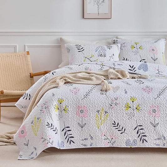 mixinni 3-Piece Quilt Set Flower Leaf Bedspread Lightweight Coverlet Set Garden Style Floral Printed Farmhouse Quilted Bedding Set with Shams for All Season, Queen Size