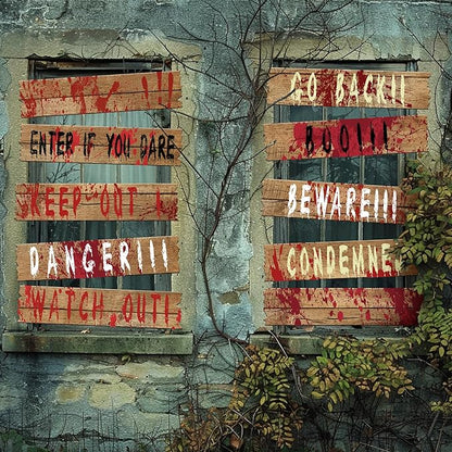 10 pcs Halloween Haunted Window Boards, 27''x 4.7'' Scary Window Warning Signs, Waterproof Bloody Beware Door Board Signs for Outdoor Halloween House Decoration Horror Themed Party