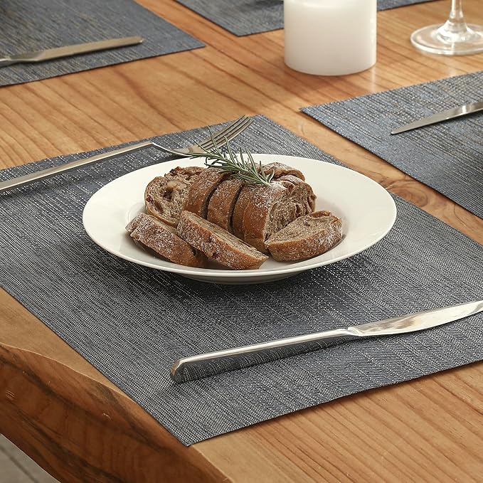 Leetaltree Denim Blue Placemats Set of 6 - Heat Resistant Non-Slip Place mats for Dining Table, Washable Durable PVC Vinyl Woven Table Mats（Denim Blue, 6）