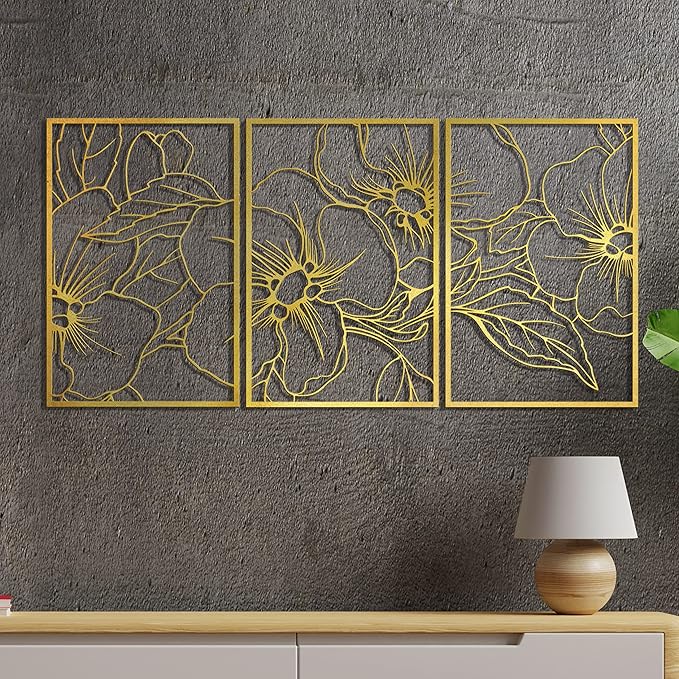 Vivegate Gold Minimalist Floral Single Line Metal Wall Art Decor - 18"X12" 3 Packs Gold Floral Abstract Minimalist Lines Wall signs for Hanging home wall decor
